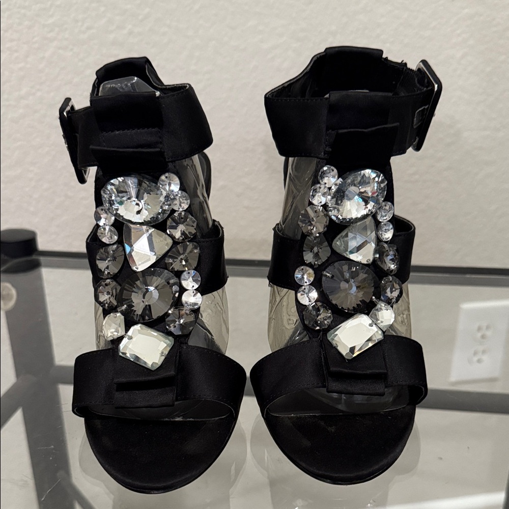 Steve Madden Black Satin Heels with Crystal Accents Sz 7.5